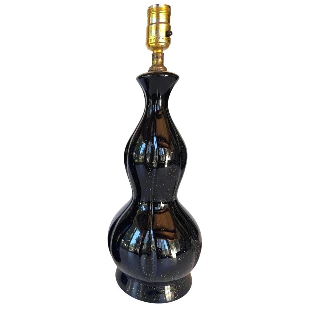 Vintage Black Ceramic Gold Spatter Table Lamp Glossy Mid Century 16.25"